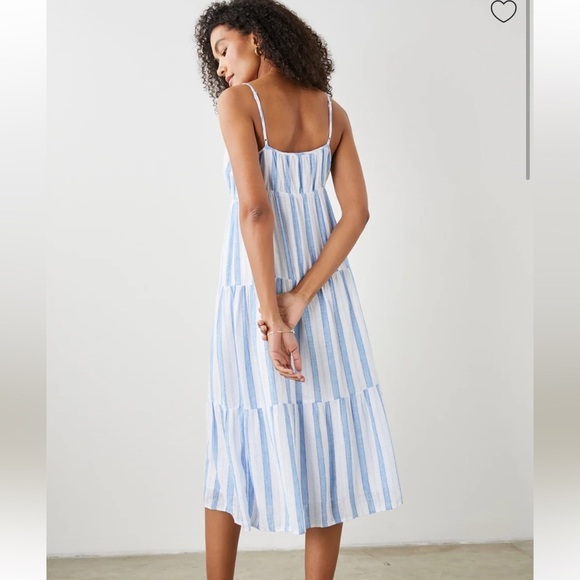 Rails Avril Dress Gibson Stripe Blue/ White Linen Midi Tiered Sundress NWOT - Picture 3 of 11
